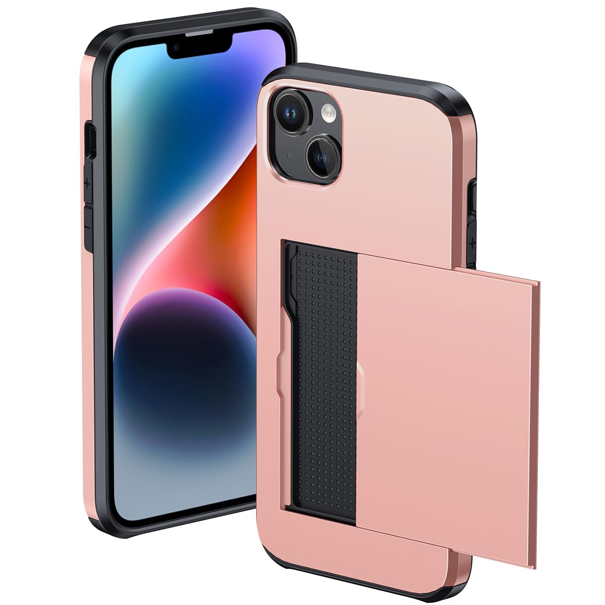 Rakuten - MuZiF iPhone 14 用 ケース カード収納 iPhone 13 用 ケース 耐衝撃構造 米軍耐衝撃 全面保護 擦り傷防止 PC 背面収納 アイフォン14 /13 用 カバー ケース（iPhone 14/iPhone 13,ローズゴールド）