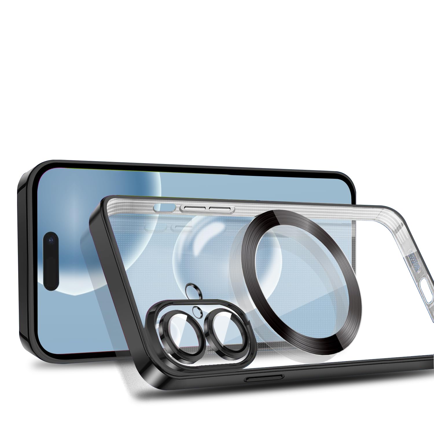 MuZiF iPhone 16 用 ケース クリア メッキ加工 Magsafe対応 永久磁石 レンズ保護 TPU ソフトケース 薄くて軽い 人気 耐衝撃 携帯カバー アイフォン 16 用 クリアケース (iPhone 16用,ブラック