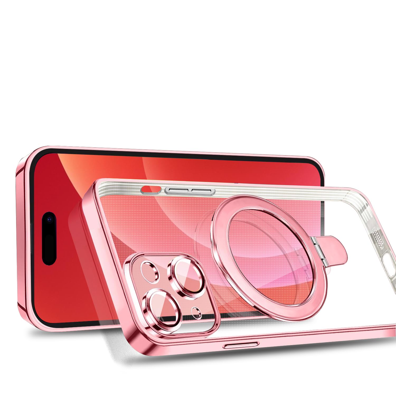 Rakuten - MuZiF iPhone 13 用 ケース MagSafe対応 リング付き クリア メッキ加工 カバー 車載ホルダー対応 多機能 レンズ保護 薄型軽量 耐衝撃構造 透明柔らかいTPU アイフォン13 用 磁気カバー クリアケース（iPhone 13,ローズ
