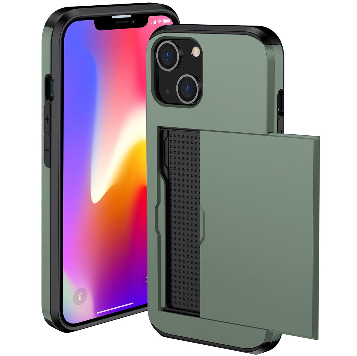 Rakuten - MuZiF iPhone XR 用 ケース カード収納 耐衝撃構造 米軍耐衝撃 全面保護 擦り傷防止 PC 背面収納 アイフォンXR 用 カバー ケース（iPhone XR,グリーン）