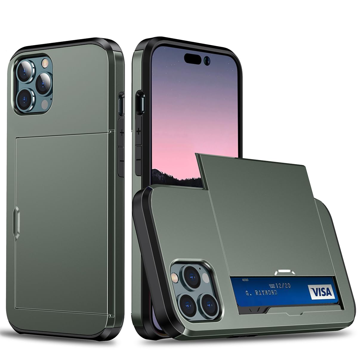Rakuten - MuZiF iPhone 13 Pro 用 ケース カード収納 耐衝撃構造 米軍耐衝撃 全面保護 擦り傷防止 PC 背面収納 アイフォン13Pro 用 カバー ケース（iPhone 13 Pro用,グリーン）