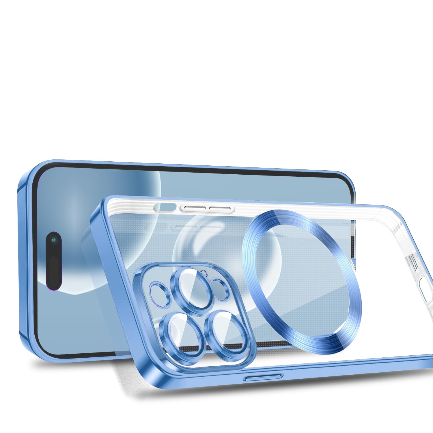 Rakuten - MuZiF iPhone 13 Pro 用 ケース クリア メッキ加工 Magsafe対応 永久磁石 レンズ保護 TPU ソフトケース 薄くて軽い 人気 耐衝撃 携帯カバー iPhone13 Pro 用 クリアケース (iPhone 13 Pro,ブルー