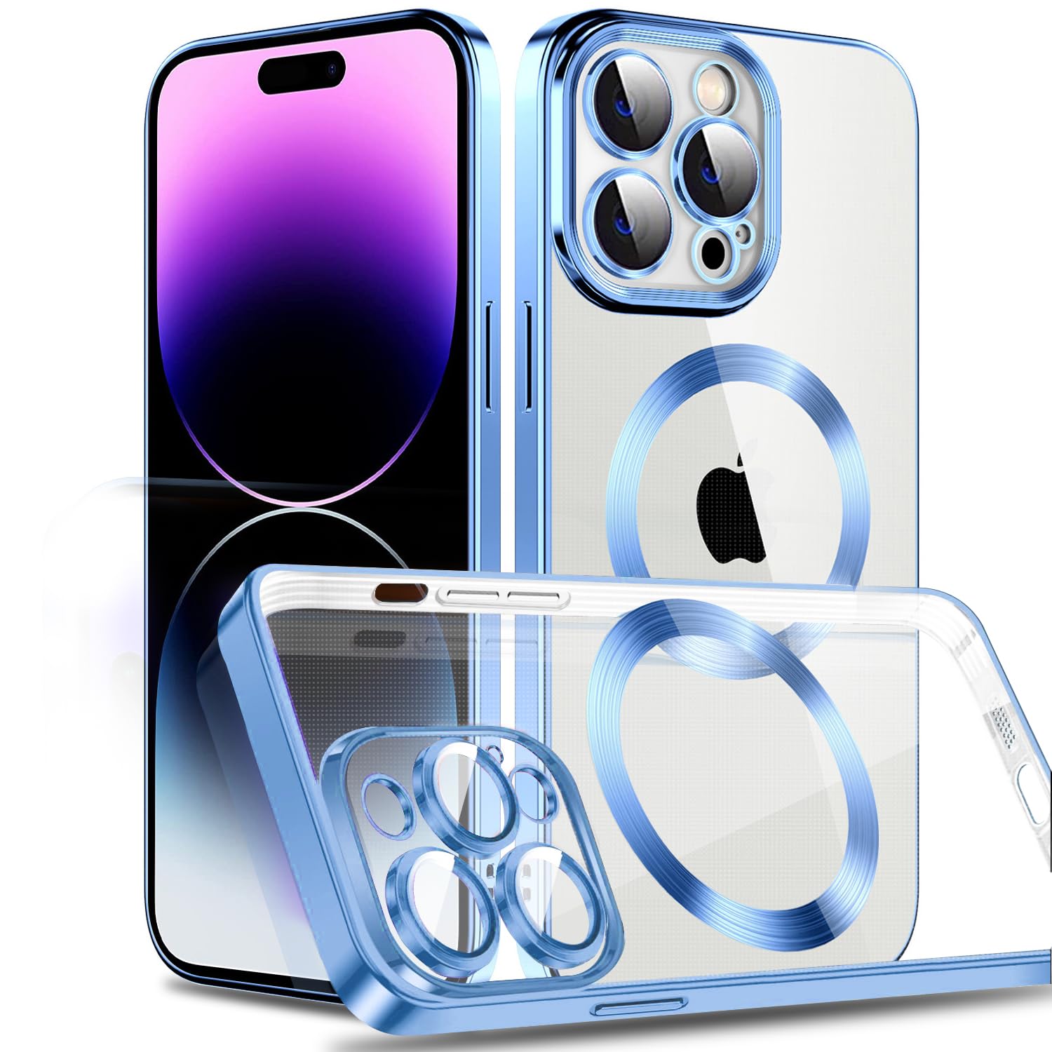 Rakuten - MuZiF iPhone 15 Pro 用 ケース クリア メッキ加工 Magsafe対応 永久磁石 レンズ保護 TPU ソフトケース 薄くて軽い 人気 耐衝撃 携帯カバー iPhone15 Pro 用 クリアケース (iPhone 15 Pro,ブルー