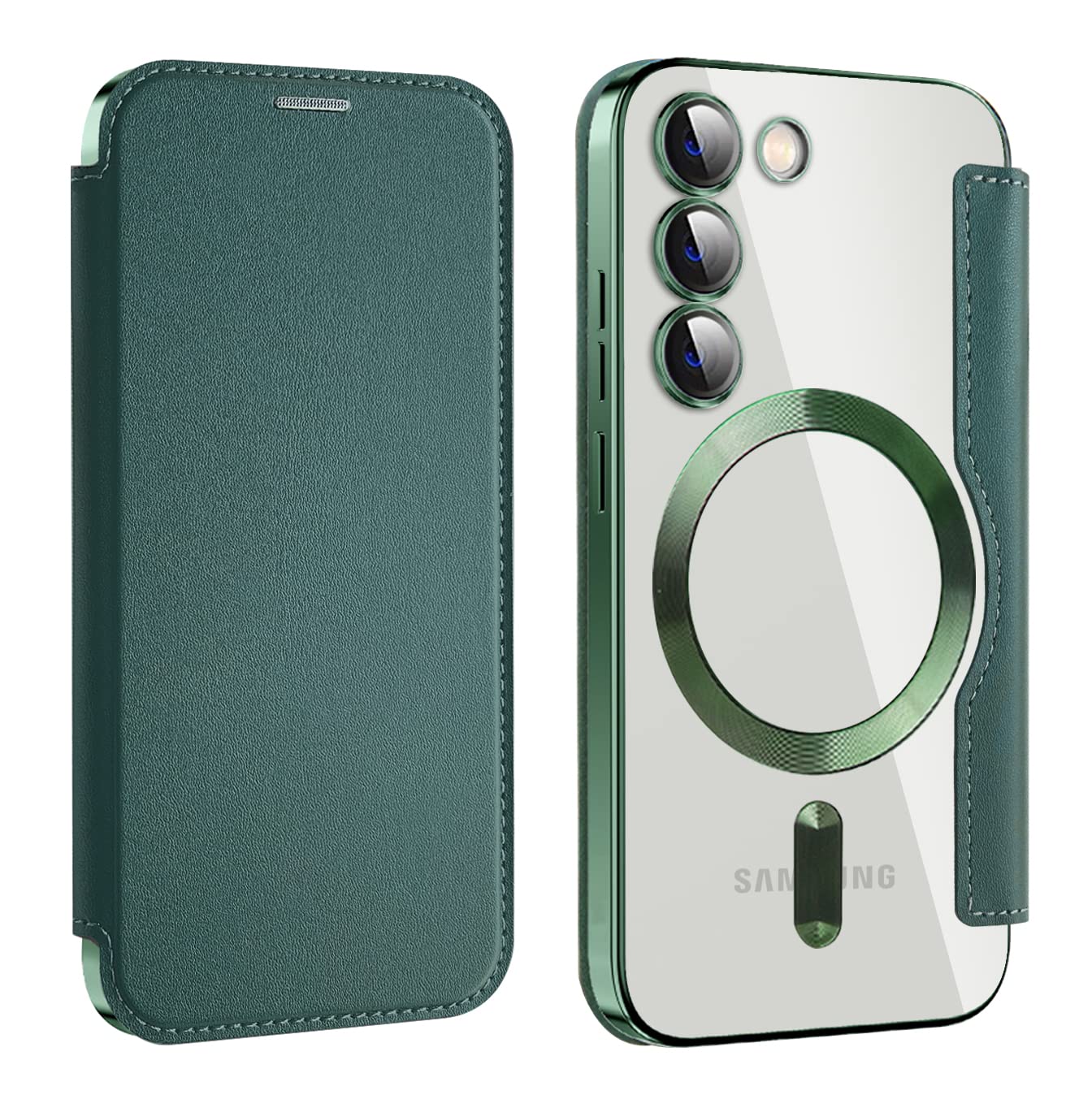Rakuten - MuZiF Samsung Galaxy S24 用 ケース 手帳型 Magsafe対応 クリア 背面 透明 高級なPUレザー 永久磁石 マグネット スマホケース カード収納、人気財布型 カバー 軽量 S24 用 手帳カバー (グリーン)