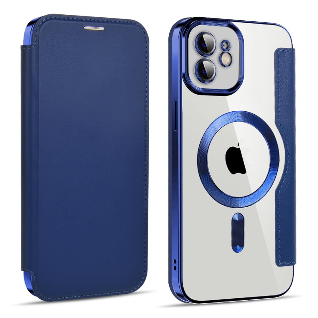 Rakuten - MuZiF iPhone 12 用 ケース 手帳型 Magsafe対応 クリア 背面 透明 高級なPUレザー 永久磁石 マグネット スマホケース カード収納、人気財布型 カバー 軽量 アイフォン12 用 手帳カバー (iPhone 12,ダークブルー)