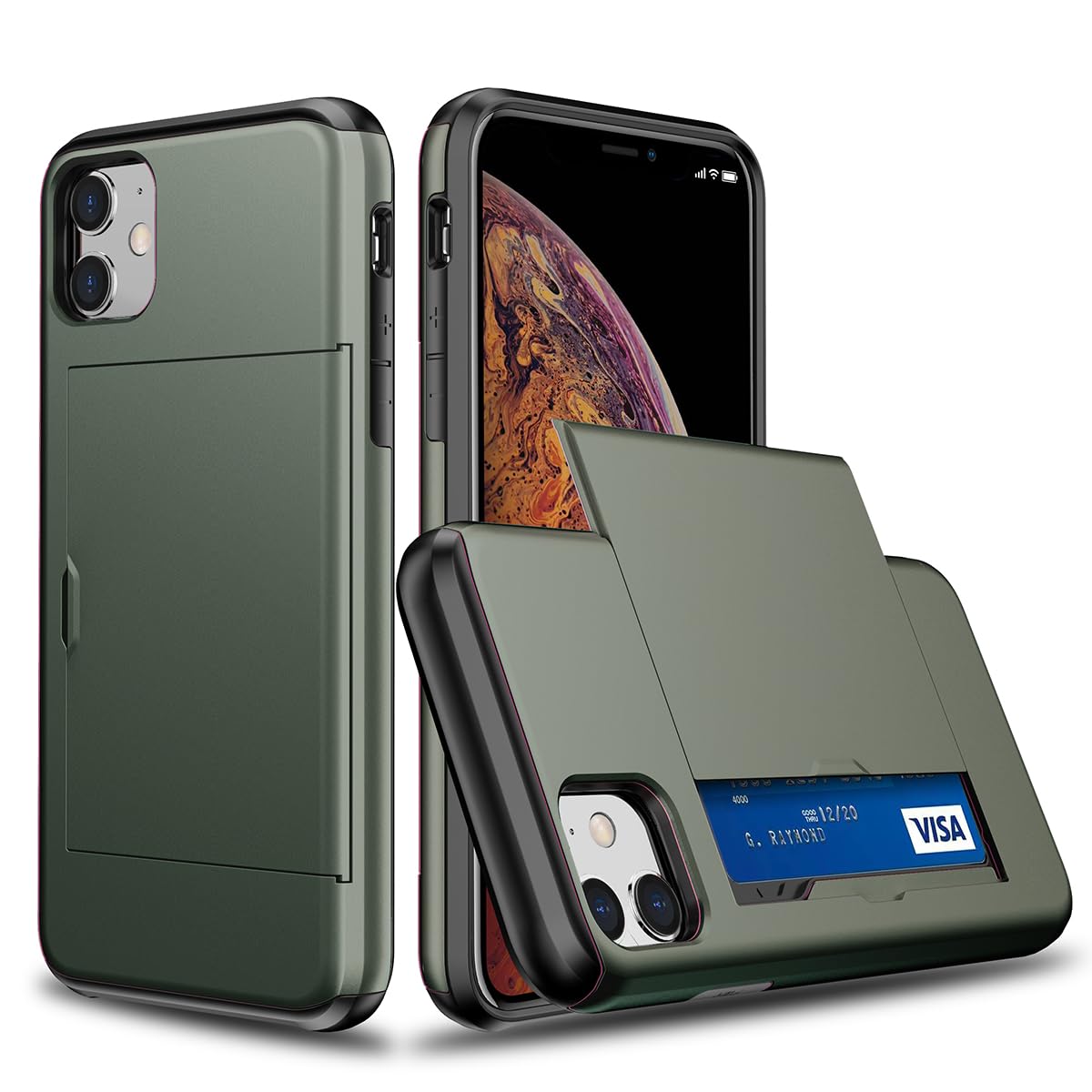 Rakuten - MuZiF iPhone 12 Mini 用 ケース カード収納 耐衝撃構造 米軍耐衝撃 全面保護 擦り傷防止 PC 背面収納 アイフォン12 Mini用 カバー ケース（iPhone 12 Mini用,グリーン）
