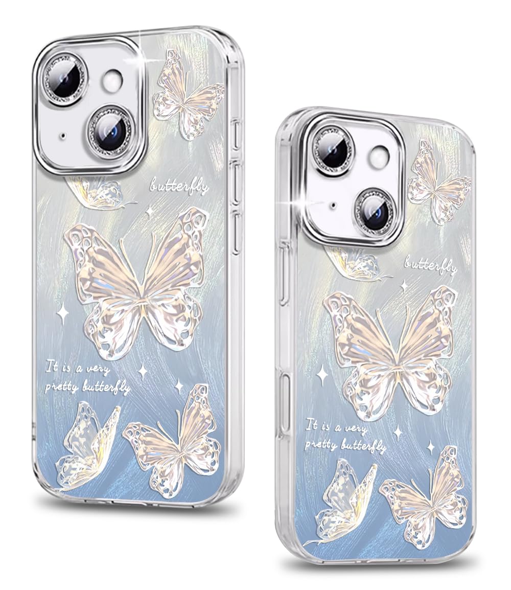 Rakuten - MuZiF iPhone 13 用 ケース 可愛い ちょう かわいい 韓国 ケース 薄くて軽い 人気 おしゃれ 蝶々 スマホケース 耐衝撃 携帯カバー レンズ保護 携帯ケース アイフォン13 用 スマホカバー (iPhone 13,ブルー）