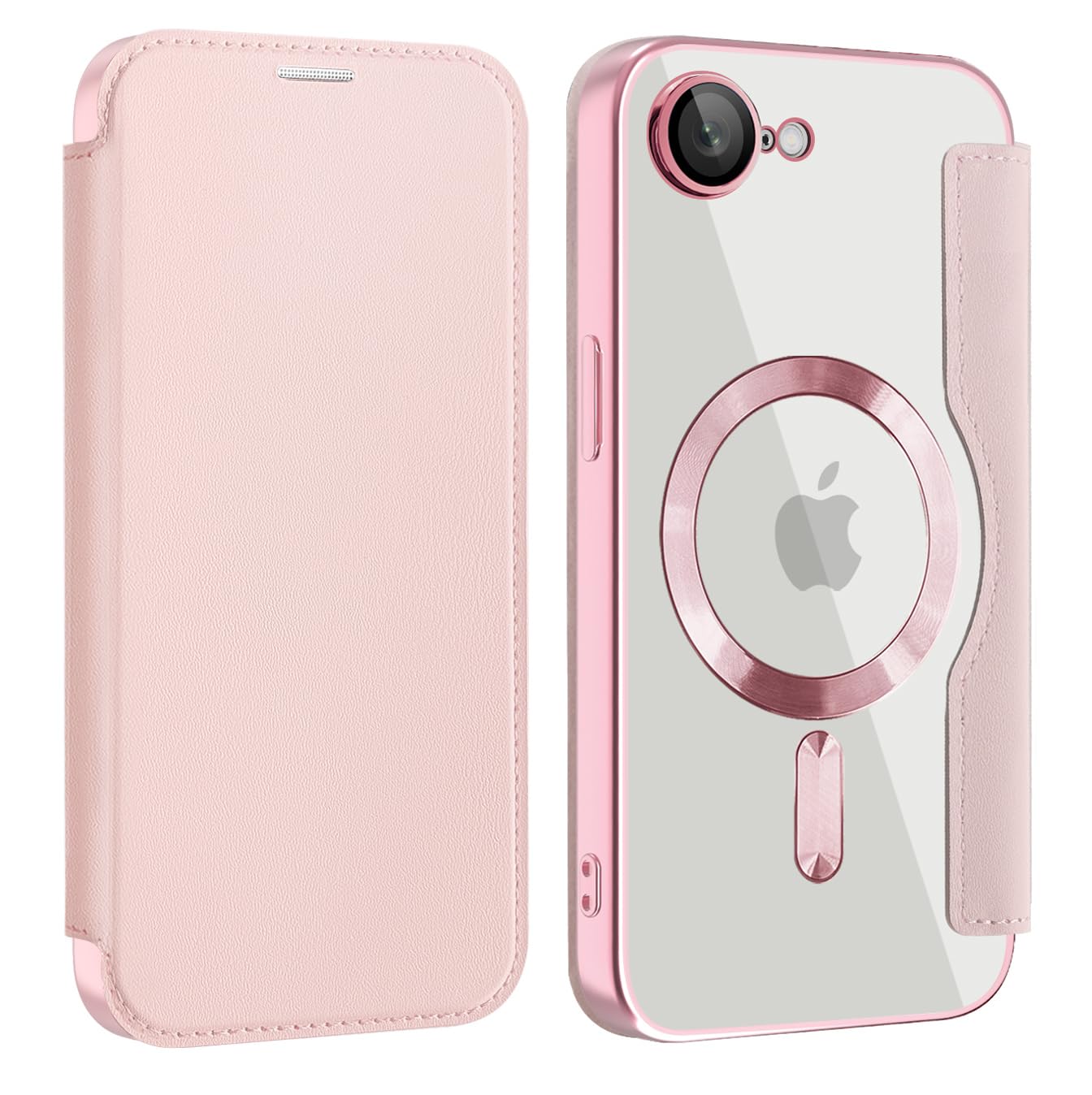 Rakuten - MuZiF iPhone 16e 用 ケース 手帳型 Magsafe対応 クリア 背面 透明 高級なPUレザー 永久磁石 マグネット スマホケース カード収納、人気財布型 カバー 軽量 アイフォン16e 用 手帳カバー (iPhone 16e用,ローズゴー