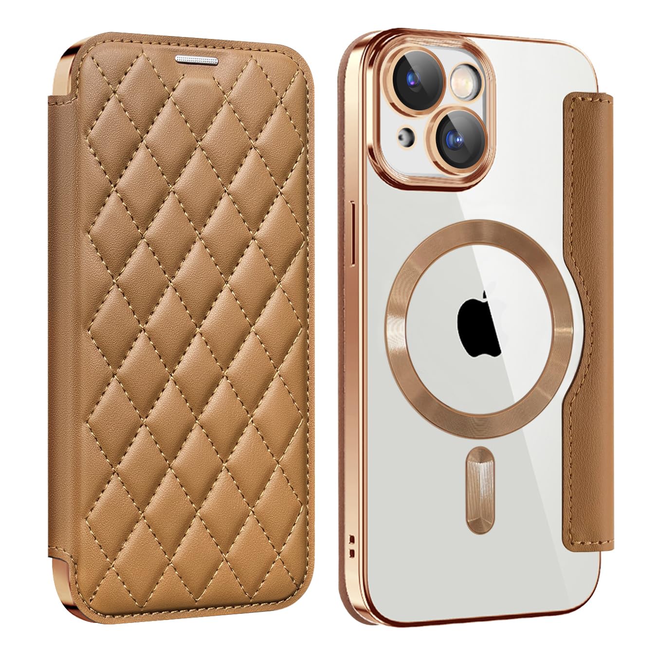 MuZiF iPhone 14 Plus 用 ケース 手帳型 Magsafe対応 クリア 背面 透明 キルティング 高級なPUレザー スマホケース カード収納 おしゃれ 韓国 人気財布型 カバー 軽量 アイフォン14 Plus用 手帳カバー ケース (iP