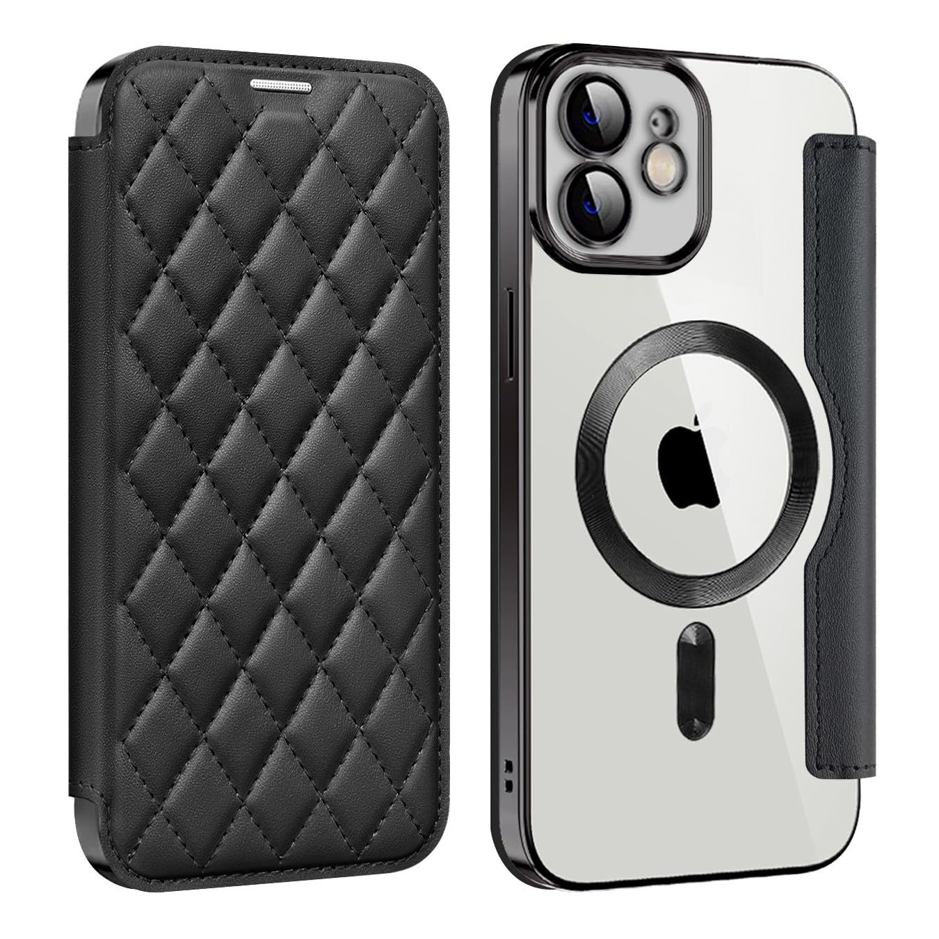 MuZiF iPhone 12 用 ケース 手帳型 Magsafe対応 クリア 背面 透明 キルティング 高級なPUレザー スマホケース カード収納 おしゃれ 韓国 人気財布型 カバー 軽量 アイフォン12 用 手帳カバー ケース (iPhone12,ブラ