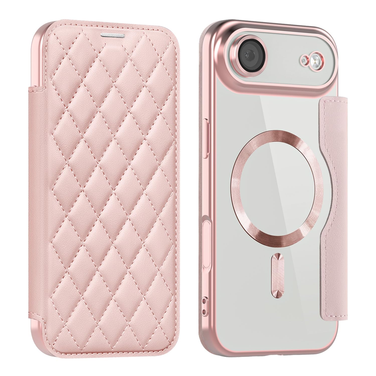 MuZiF iPhone Air 用 ケース 手帳型 Magsafe対応 クリア 背面 透明 キルティング 高級なPUレザー スマホケース カード収納 おしゃれ 韓国 人気財布型 カバー 軽量 アイフォンAir用 手帳カバー (iPhoneAir用,ローズ