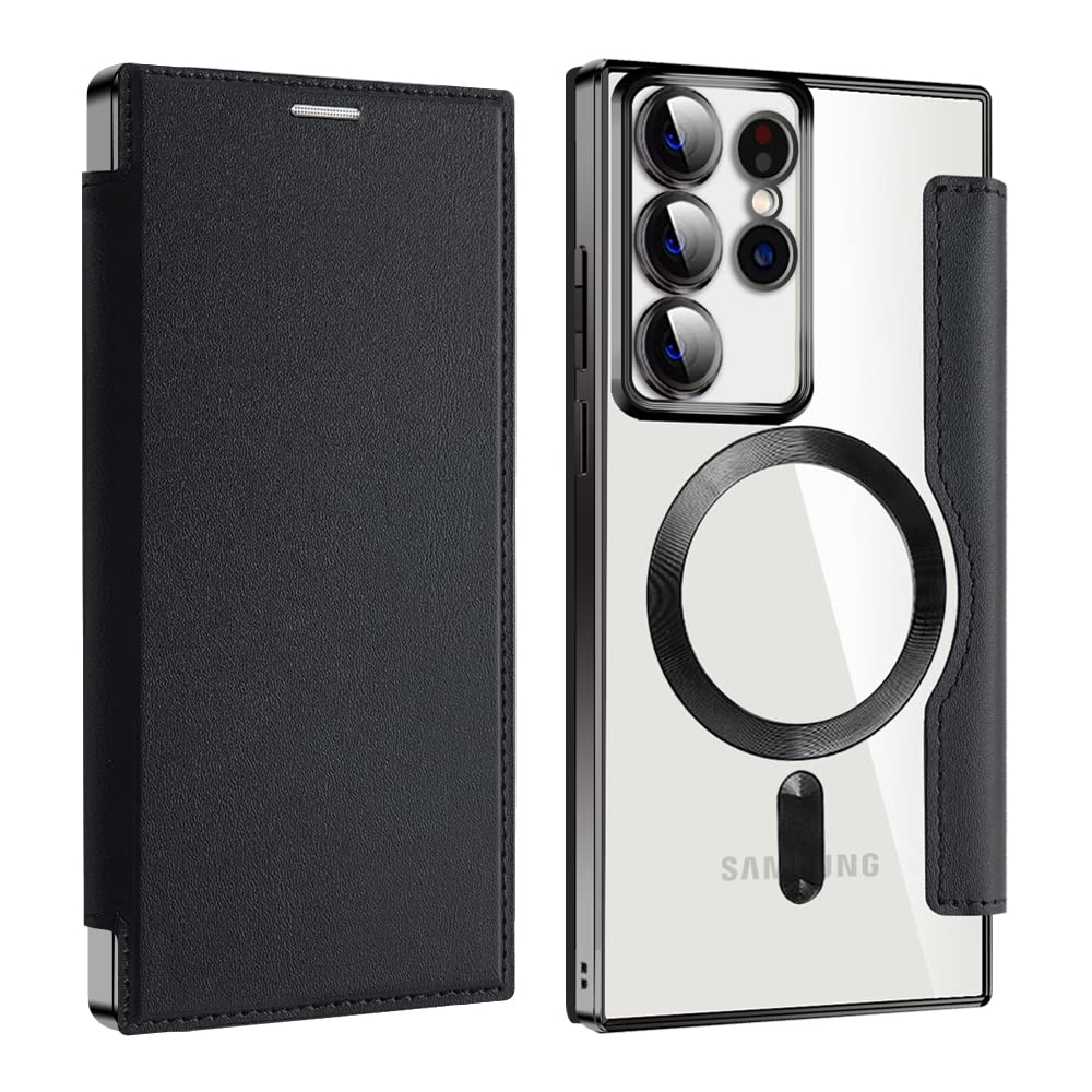 Rakuten - MuZiF Samsung Galaxy S23 Ultra 用 ケース 手帳型 Magsafe対応 クリア 背面 透明 高級なPUレザー 永久磁石 マグネット スマホケース カード収納、人気財布型 カバー 軽量 S23 Ultra 用 手帳カバー (ブラ