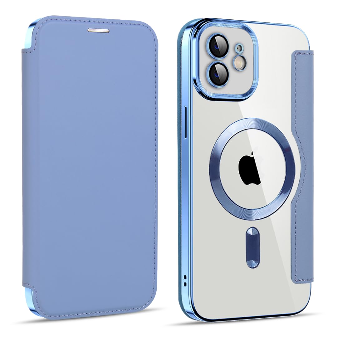Rakuten - MuZiF iPhone 12 用 ケース 手帳型 Magsafe対応 クリア 背面 透明 高級なPUレザー 永久磁石 マグネット スマホケース カード収納、人気財布型 カバー 軽量 アイフォン12 用 手帳カバー (iPhone 12,ブルー)