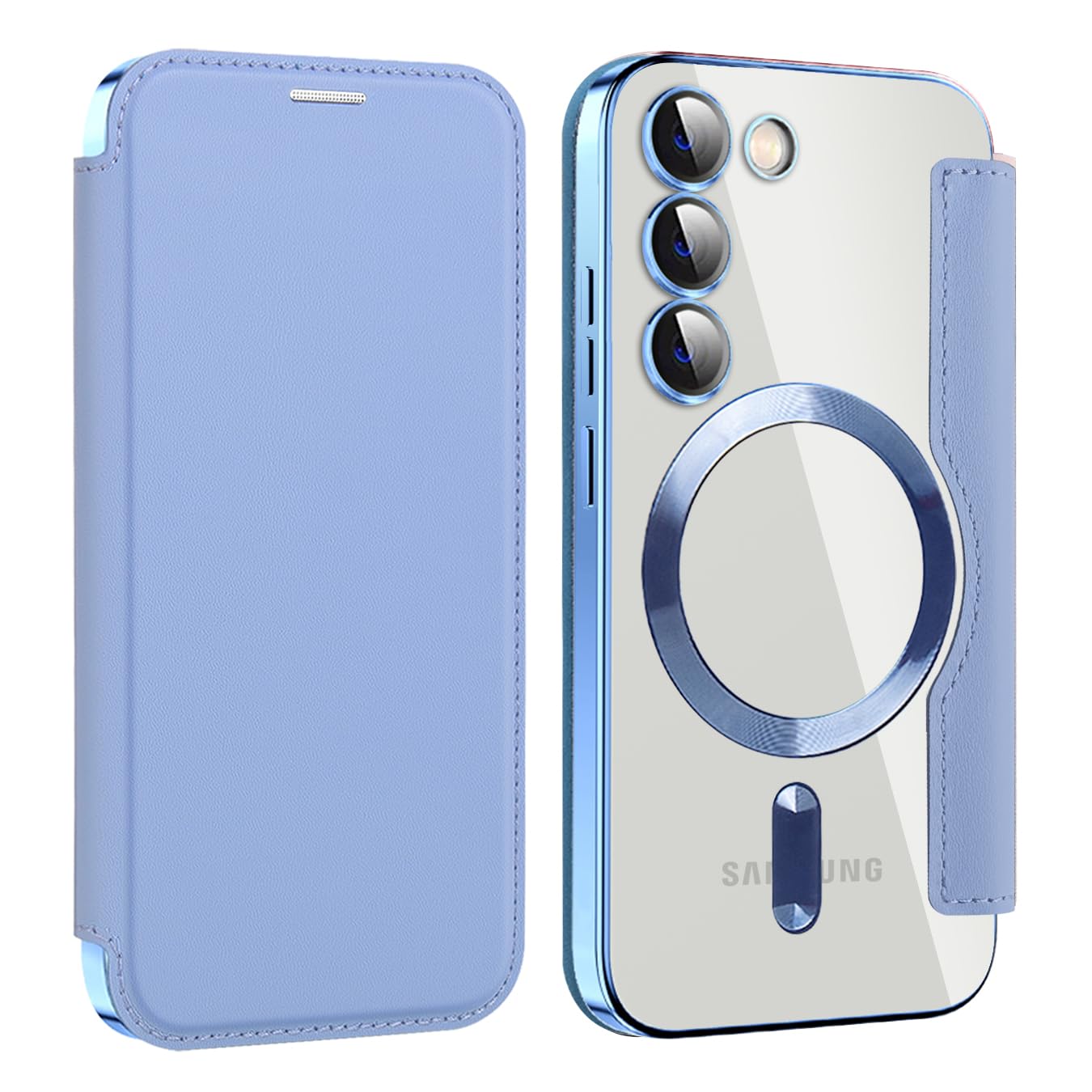 Rakuten - MuZiF Samsung Galaxy S23 用 ケース 手帳型 Magsafe対応 クリア 背面 透明 高級なPUレザー 永久磁石 マグネット スマホケース カード収納、人気財布型 カバー 軽量 S23 用 手帳カバー (ブルー)