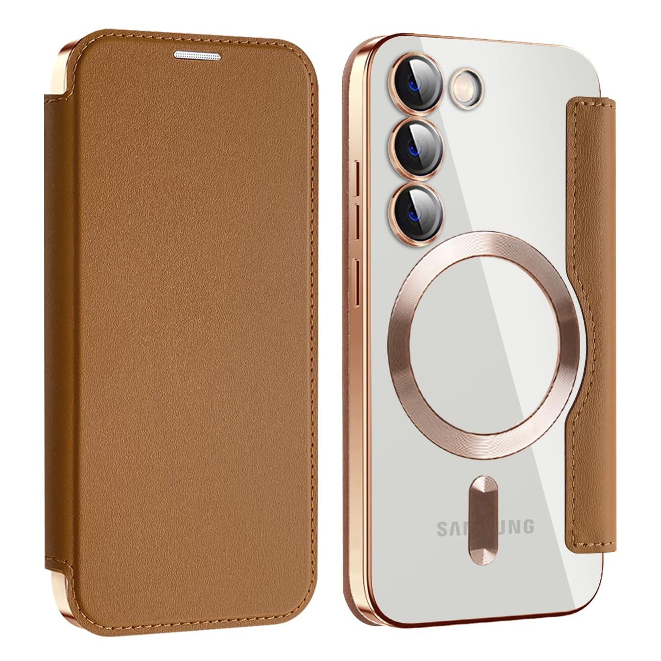 MuZiF Samsung Galaxy S24 用 ケース 手帳型 Magsafe対応 クリア 背面 透明 高級なPUレザー 永久磁石 マグネット スマホケース カード収納、人気財布型 カバー 軽量 S24 用 手帳カバー (ブラウン)