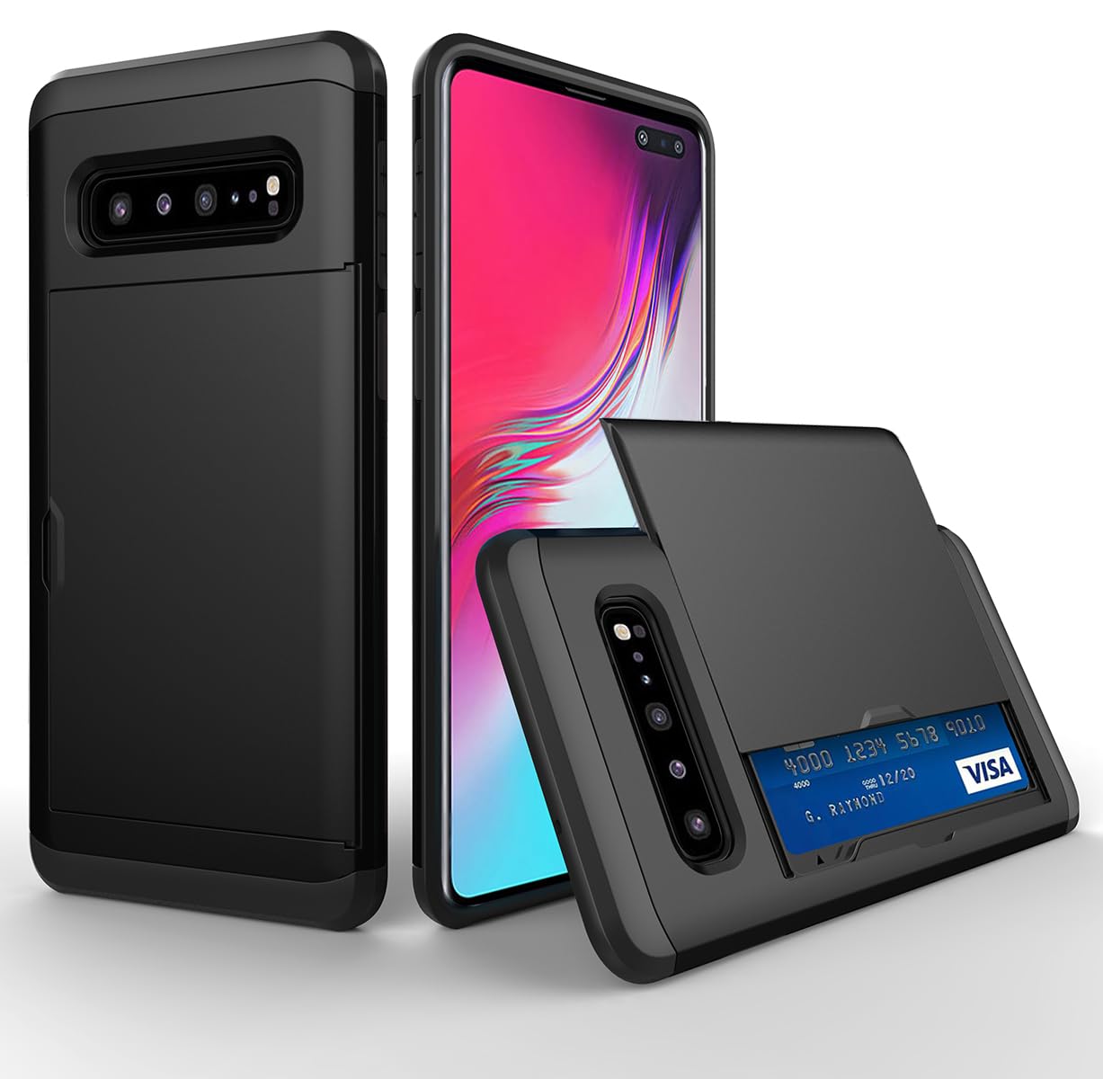 Rakuten - MuZiF Samsung Galaxy S10 5G 用 ケース カード収納 耐衝撃構造 米軍耐衝撃 全面保護 擦り傷防止 PC 背面収納 S10 5G 用 カバー ケース（Galaxy S10 5G,ブラック）
