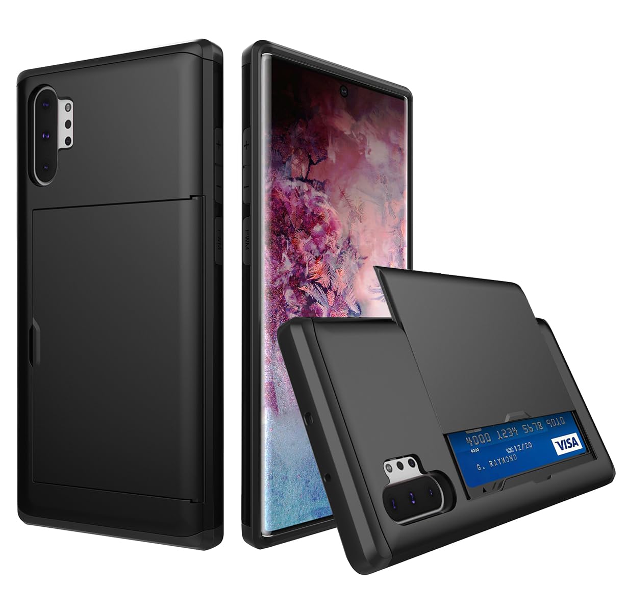 MuZiF Samsung Galaxy Note 10+ Plus 用 ケース カード収納 耐衝撃構造 米軍耐衝撃 全面保護 擦り傷防止 PC 背面収納 Note 10 Plus用 カバー ケース（Galaxy Note 10 Plus,ブラック）