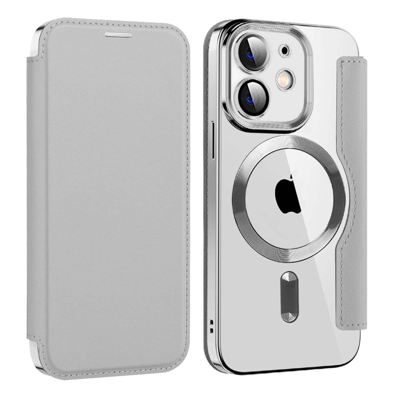 MuZiF iPhone 12 用 ケース 手帳型 Magsafe対応 クリア 背面 透明 高級なPUレザー 永久磁石 マグネット スマホケース カード収納、人気財布型 カバー 軽量 アイフォン12 用 手帳カバー (iPhone 12 用,チタングレー)