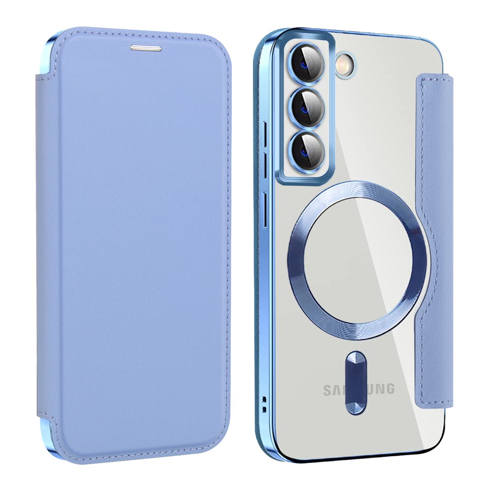 Rakuten - MuZiF Samsung Galaxy S22+ Plus 用 ケース 手帳型 Magsafe対応 クリア 背面 透明 高級なPUレザー 永久磁石 マグネット スマホケース カード収納、人気財布型 カバー 軽量 S22 Plus 用 手帳カバー (ブルー
