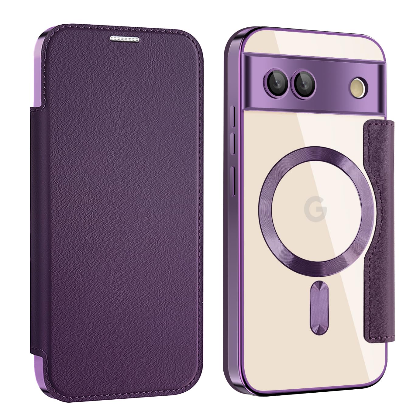 MuZiF Google Pixel 8a 用 ケース 手帳型 Magsafe対応 クリア 背面 透明 高級なPUレザー 永久磁石 マグネット スマホケース カード収納、人気財布型 カバー 軽量 ピクセル 8a 用 手帳カバー (Pixel 8a用,パープ