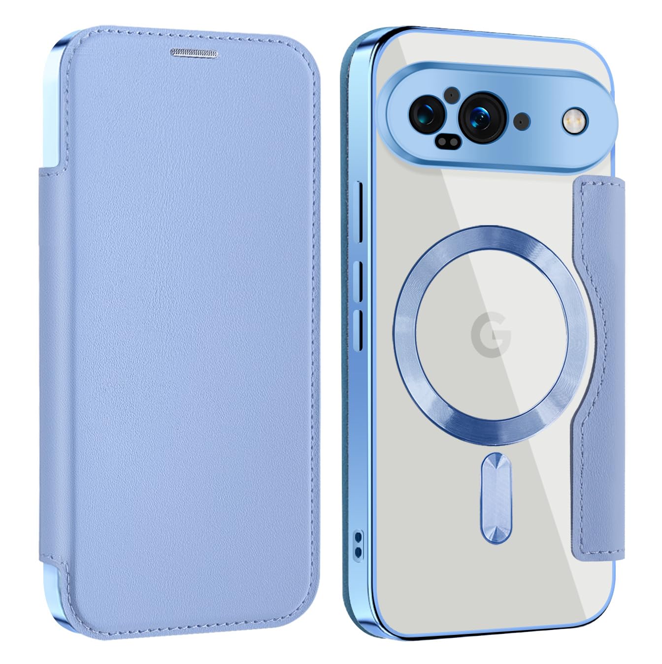 MuZiF Google Pixel 9 用 ケース 手帳型 Magsafe対応 クリア 背面 透明 高級なPUレザー 永久磁石 マグネット スマホケース カード収納、人気財布型 カバー 軽量 ピクセル 9 用 手帳カバー (Pixel 9用,ブルー)