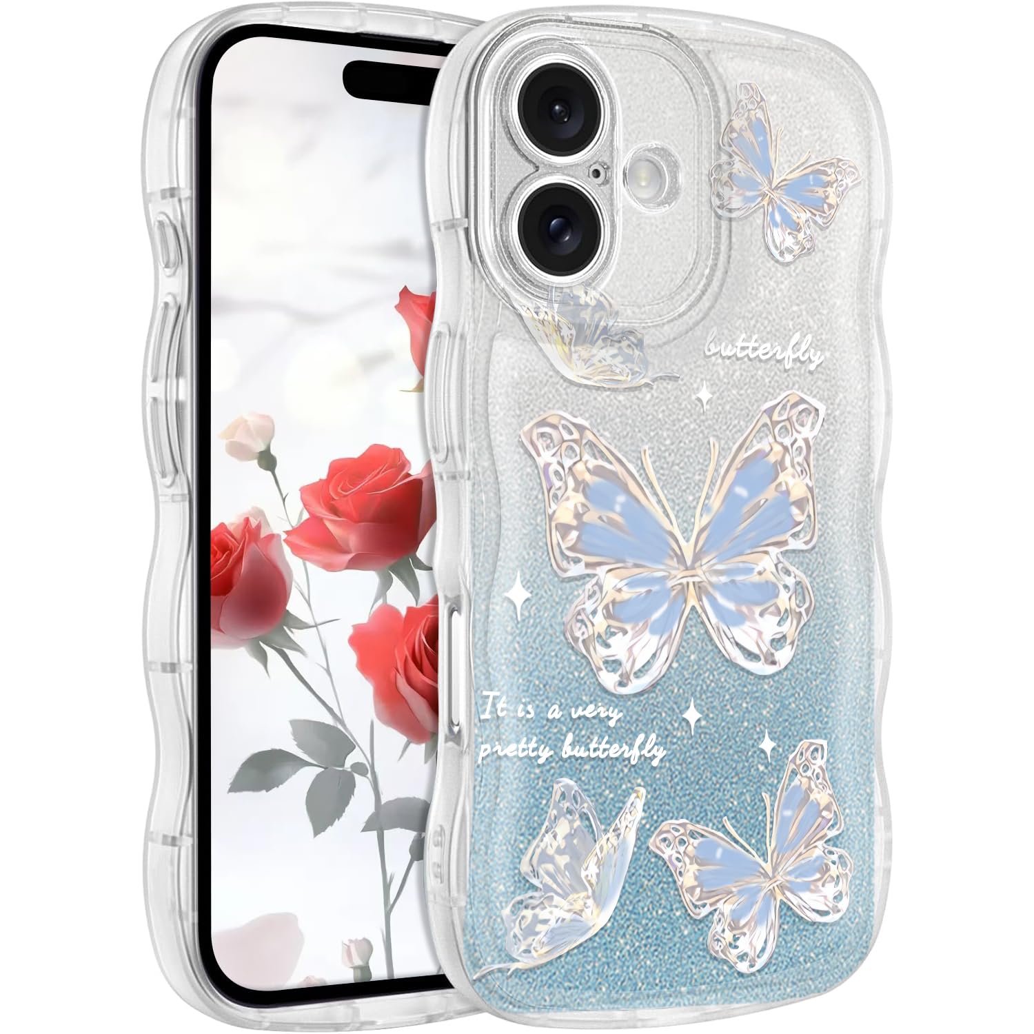Rakuten - MuZiF iPhone 16 用 ケース クリア キラキラ 可愛い ちょう ウェーブ TPUソフトケース 透明 かわいい 韓国 薄くて軽い 人気 おしゃれ 耐衝撃 携帯カバー アイフォン16 用 スマホケース (iPhone 16,ブルー）