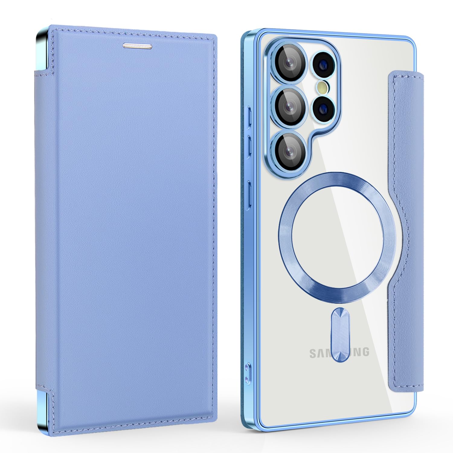 Rakuten - MuZiF Samsung Galaxy S25 Ultra 用 ケース 手帳型 Magsafe対応 クリア 背面 透明 高級なPUレザー 永久磁石 マグネット スマホケース カード収納、人気財布型 カバー 軽量 S25 Ultra 用 手帳カバー (ブル