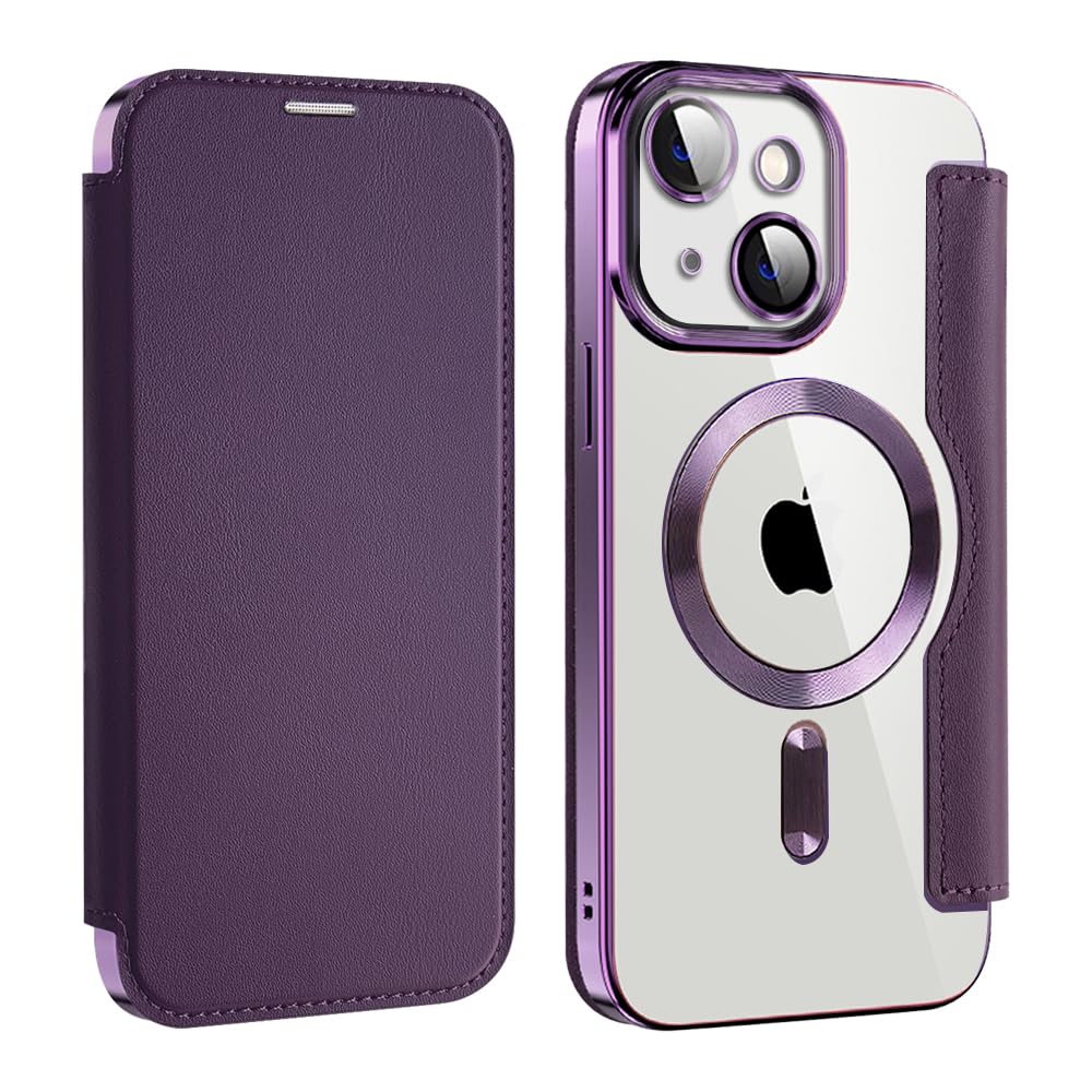 MuZiF iPhone 13 用 ケース 手帳型 Magsafe対応 クリア 背面 透明 高級なPUレザー 永久磁石 マグネット スマホケース カード収納、人気財布型 カバー 軽量 アイフォン13 用 手帳カバー (パープル)