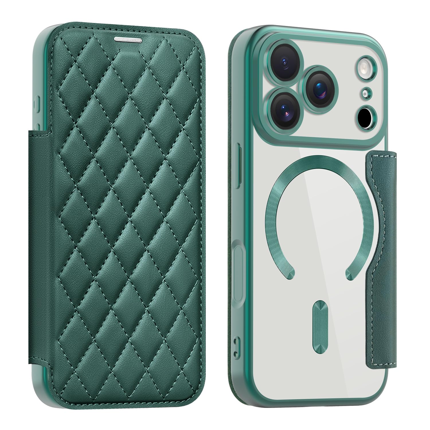 MuZiF iPhone 17 Pro Max 用 ケース 手帳型 Magsafe対応 クリア 背面 透明 キルティング 高級なPUレザー スマホケース カード収納 おしゃれ 韓国 人気財布型 カバー 軽量 アイフォン17 Pro Max 用 手帳カバー