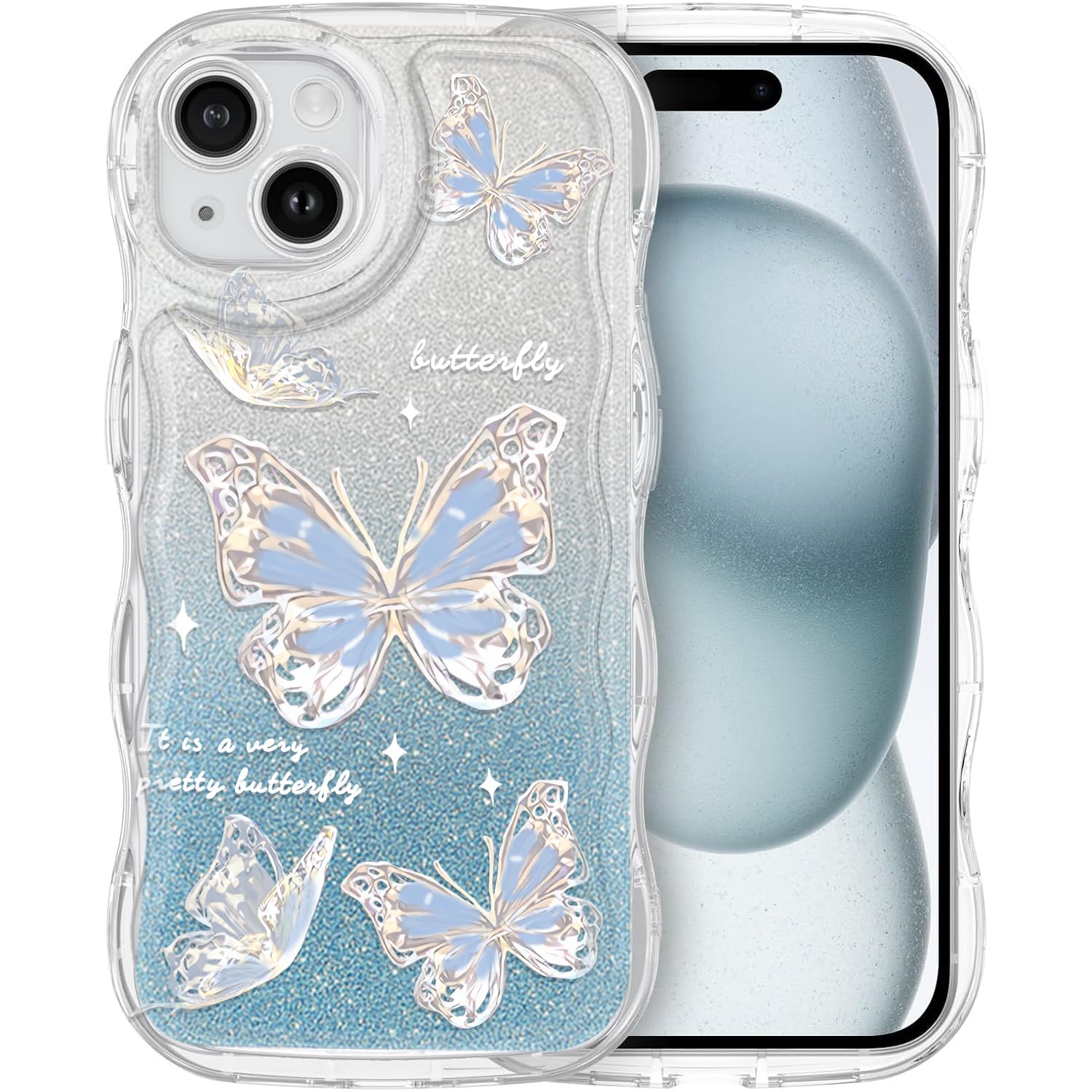 Rakuten - MuZiF iPhone 14 用 ケース クリア キラキラ 可愛い ちょう ウェーブ TPUソフトケース 透明 かわいい 韓国 薄くて軽い 人気 おしゃれ 耐衝撃 携帯カバー アイフォン14 用 スマホケース (iPhone 14,ブルー）