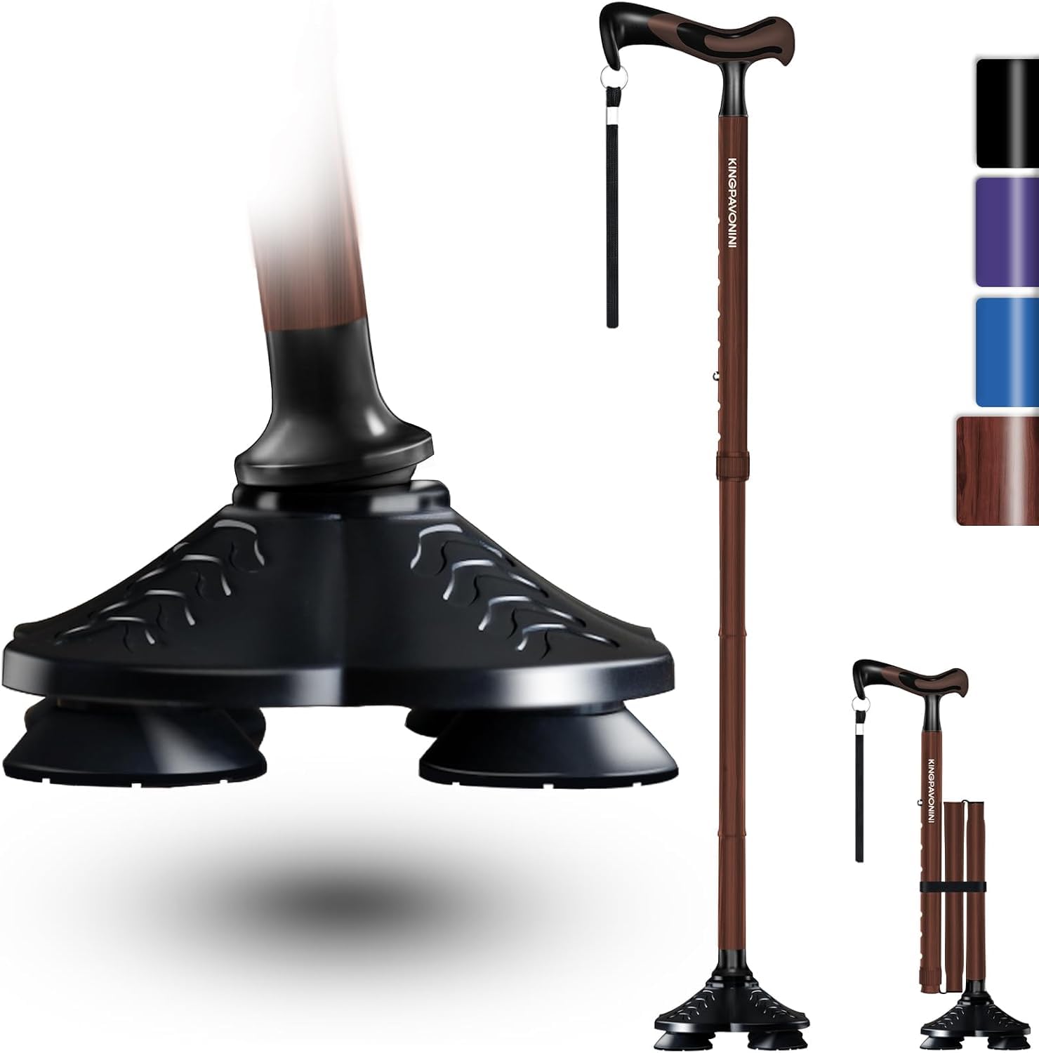 KingPavonini杖 4本足 自立式 折り畳み 男女兼用 軽量 歩行補助杖 ステッキ 8段階調 ...