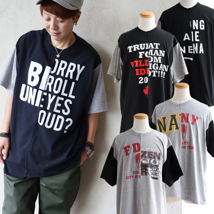Tシャツ 5分袖 メンズ レディース クルーネック 配色切り替え リメイク 古着 プリント 大きいサイズ ゆったり カジュアル ヴィンテージ 夏 夏服 パティ