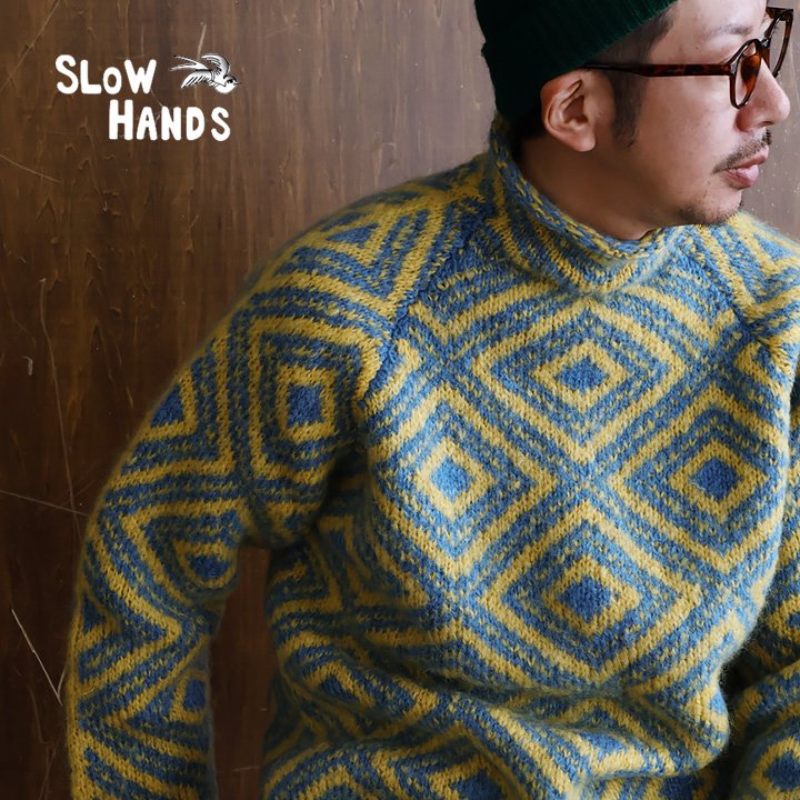 SLOW HANDS スローハンズ ニット セーター 長袖 ハイネック メンズ レディース ノルディック柄 総柄 ウール モヘア 厚手 伸縮性 暖かい 保温性 ...