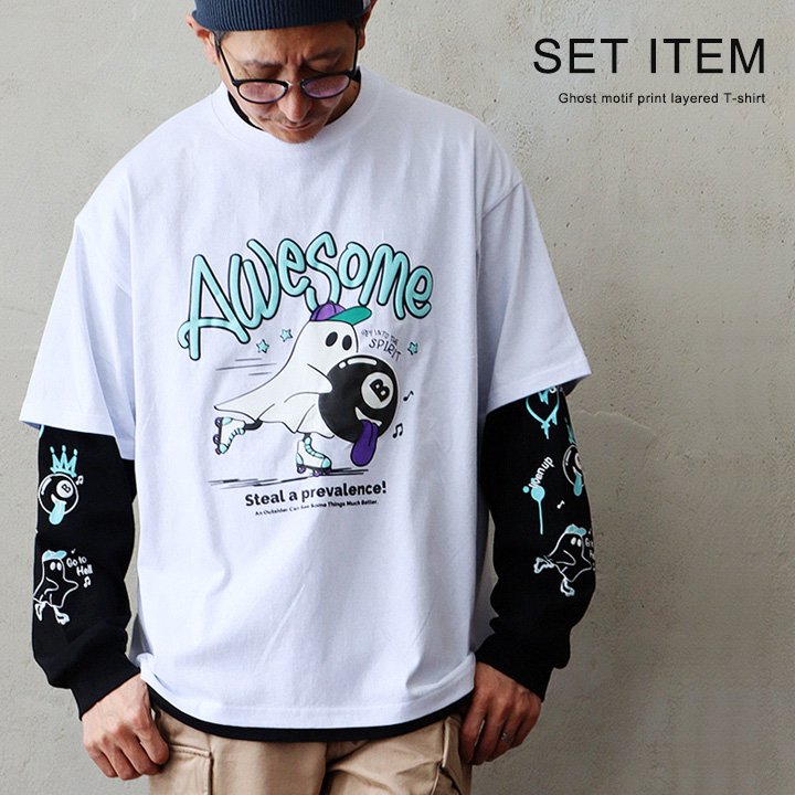 Tシャツ 半袖 ロンT 長袖 2枚セット アンサンブル メンズ レディース クルーネック オバケプリント 配..