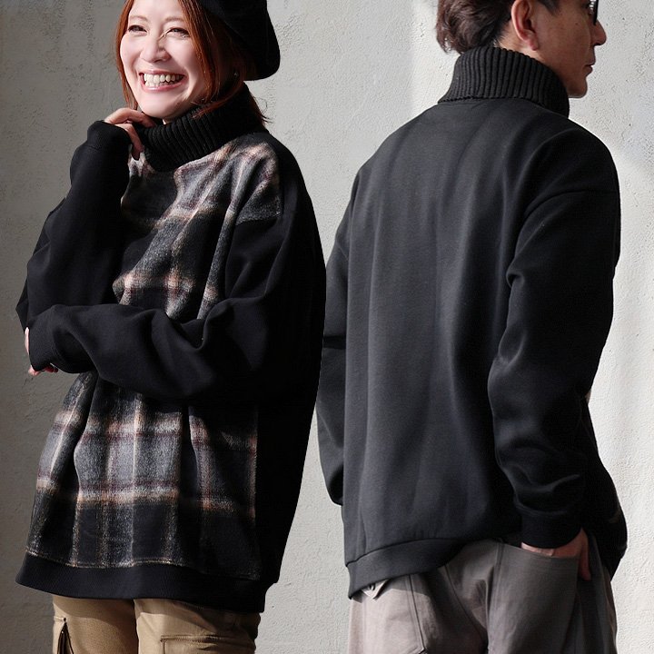 スウェット 長袖 タートルネック メンズ レディース 異素材切り替え 無地 チェック柄 裏起毛 コットン ポリエステル 暖かい 防寒 伸縮性 大きいサイズ カジュアル 秋 冬 パティ