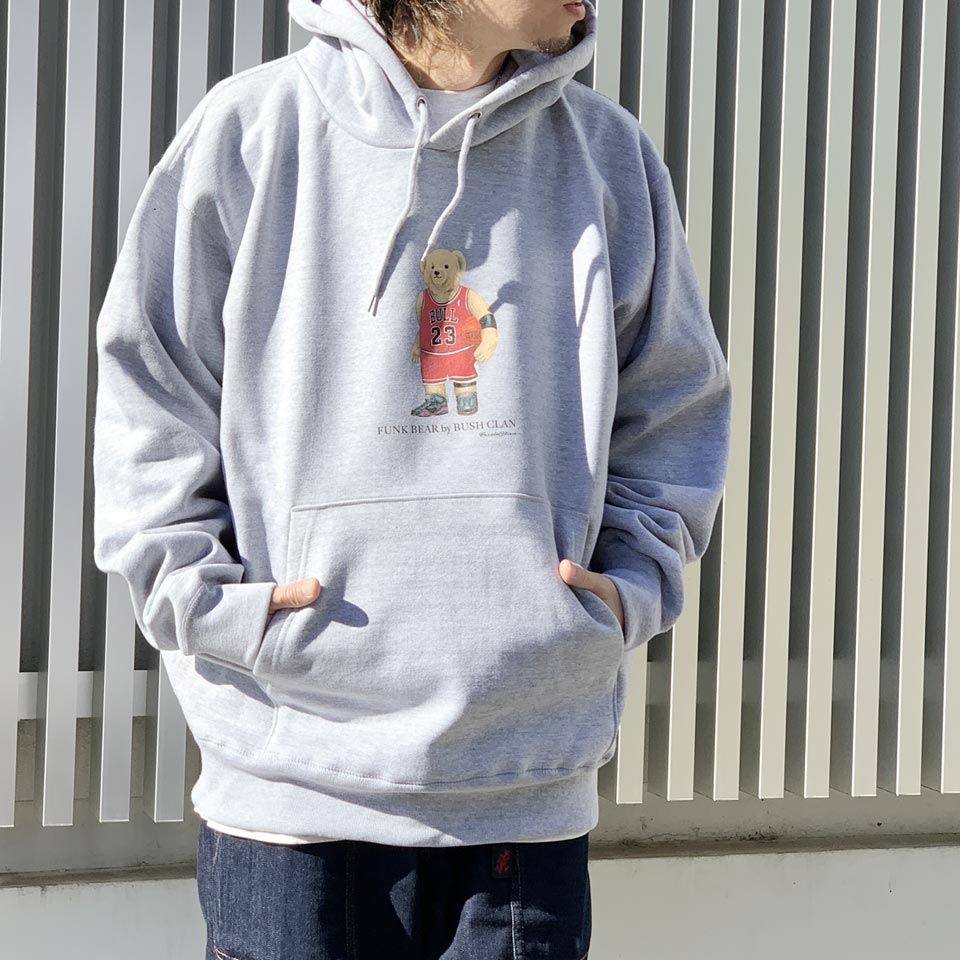 全2色ブッシュクラン BUSH CLAN パーカー FUNK BEAR MJ BEAR HEAVY WEIGHT P/O HOODIE ヘビーウエイト ファンクベア グレー ブラック GREY BLACK 黒 灰色