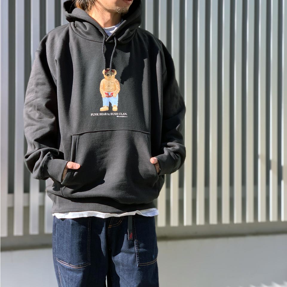 全2色ブッシュクラン BUSH CLAN パーカー FUNK BEAR 2PAC BEAR HEAVY WEIGHT P/O HOODIE ヘビーウエイト ファンクベア グレー ブラック GREY BLACK 黒 灰色