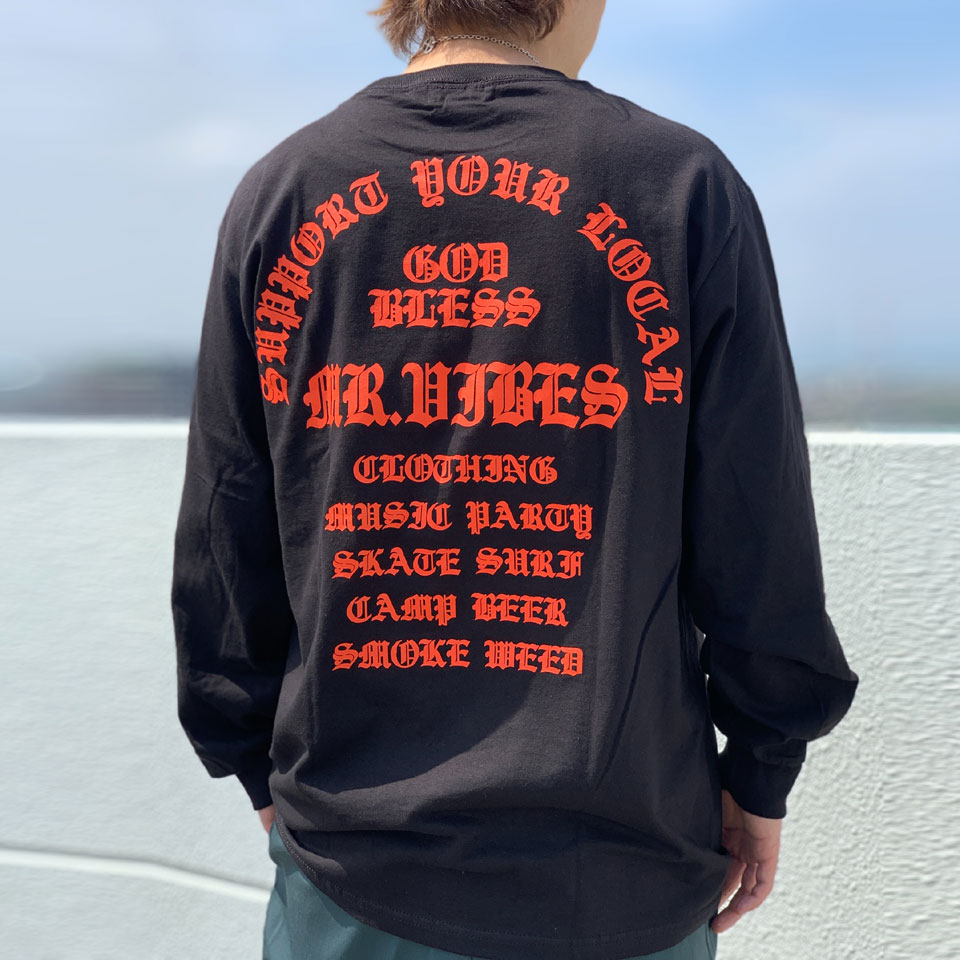 MRV by Mr.vibes ロンT Tシャツ GOD BLESS L/S Tee 長袖 オリジナル バックプリント ブラック/オレンジ 黒 BLACK