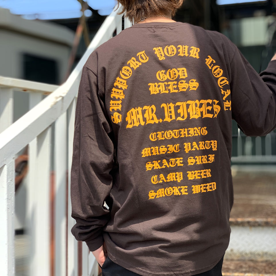 MRV by Mr.vibes ロンT Tシャツ GOD BLESS L/S Tee 長袖 オリジナル バックプリント ブラウン/イエロー 茶色 BROWN