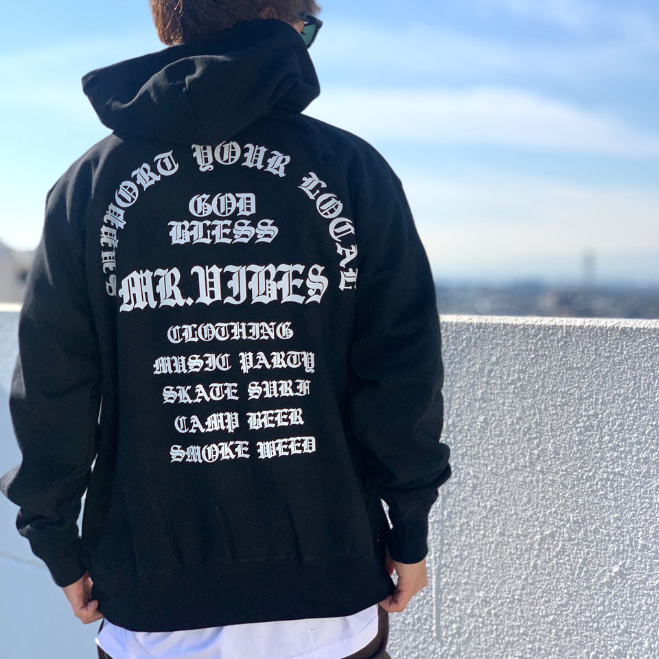 MRV by Mr.vibes パーカー フーディー GOD BLESS P/O HOODIE ヘビーウェイト バックプリント スウェット オリジナル ブラック 黒 BLACK