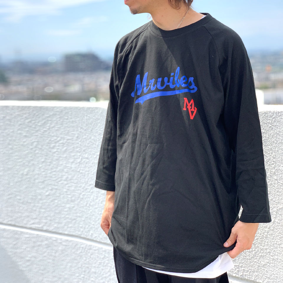 MRV by Mr.vibes Tシャツ SCRIPT RAGLAN Tee ラグラン ベースボールTシャツ 7分袖 オリジナル ブラック 黒 BLACK