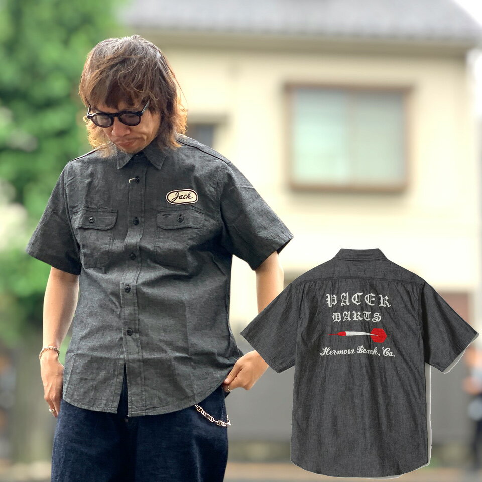 Rakuten - シュガーケーン SUGAR CANE 半袖シャンブレーシャツ CHAMBRAY WORK SHIRT with CHAIN EMBROIDERED Lot No. SC39731 ブラック 黒 BLACK