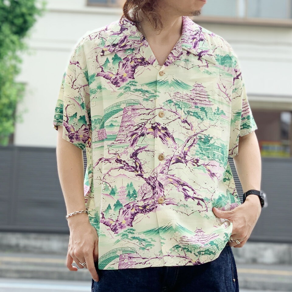 サンサーフ SUN SURF アロハシャツ ハワイアンシャツ RAYON HAWAIIAN S/S SHIRT “SCENERY OF JAPAN” 半袖 レーヨン 和柄 ホワイト グリーン GREEN Lot No. SS39422