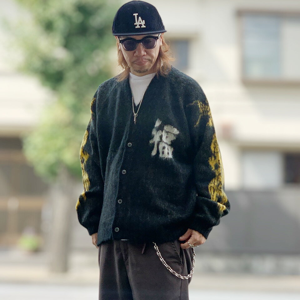 スリフティルック THRIFTY LOOK カーディガン RAGLAN SLEEVE SOUVENIR CARDIGAN - DRAGON シャギーカーディガン ベトジャン ブラック B..