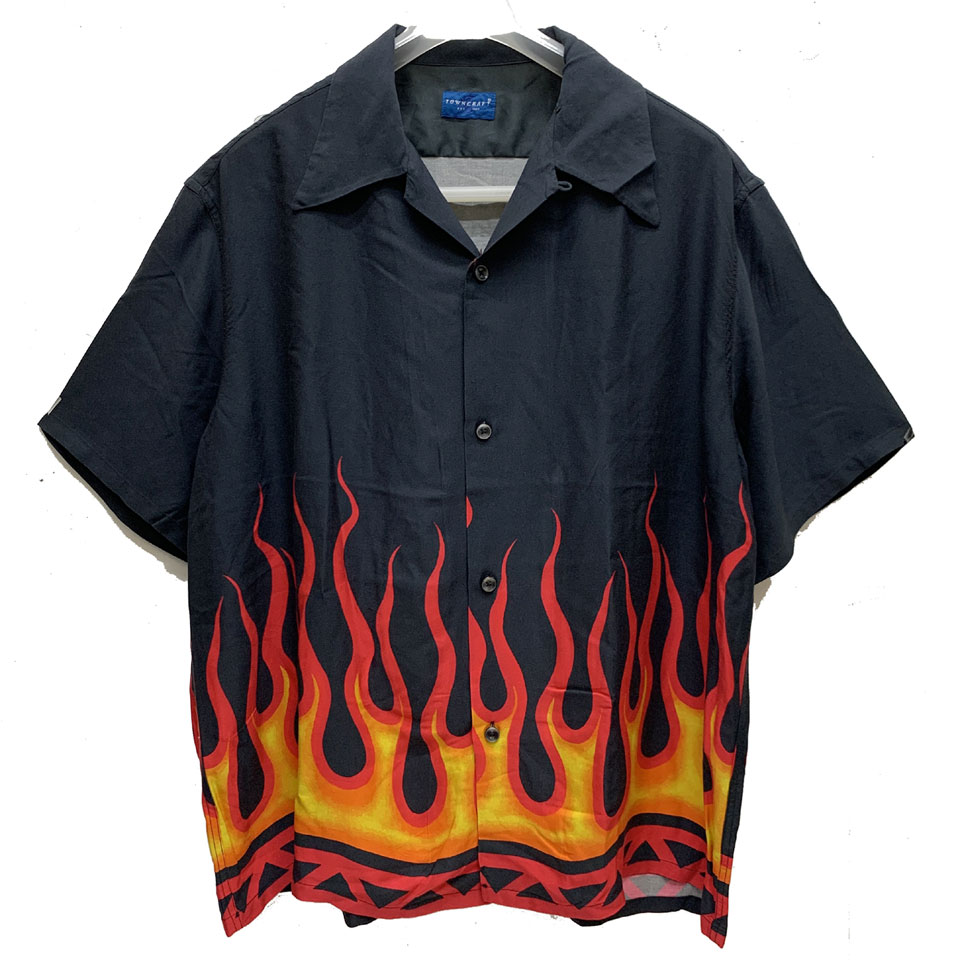 タウンクラフト TOWNCRAFT 半袖レーヨンシャツ CHICANO S/S SHIRTS チカーノシャツ フレイムパターン ブラック BLACK 黒