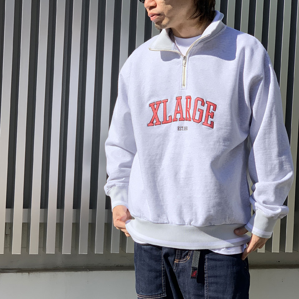 全2色 エクストララージ XLARGE ハーフジップスウェット トレーナー STRIPED RIB HALF ZIP SWEATSHIRT ブラック アッシュ BLACK ASH 黒 灰色 101241012008