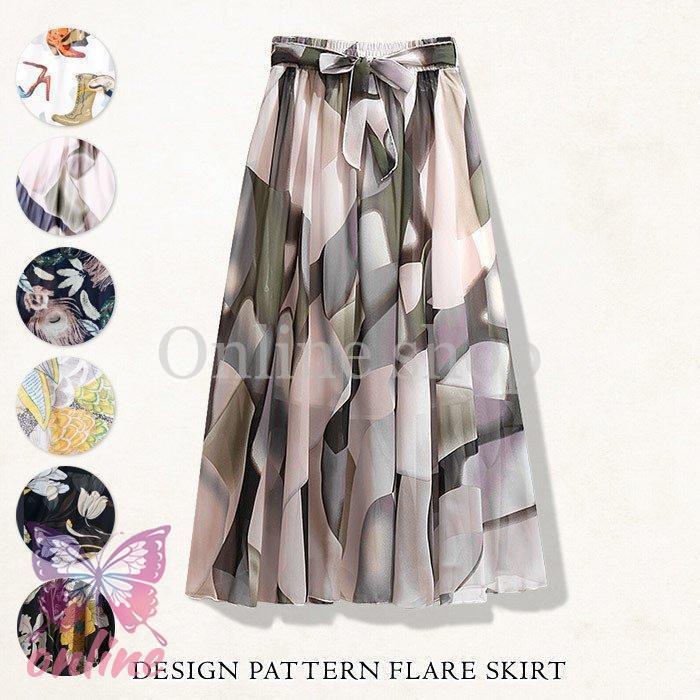 スカート レディース フレアカート 春 夏 春夏 黒 ひざ丈 ミディアム シフォン 花柄 ブラック ピンク ウエストゴム 20代 30代 40代 OL ママ 母