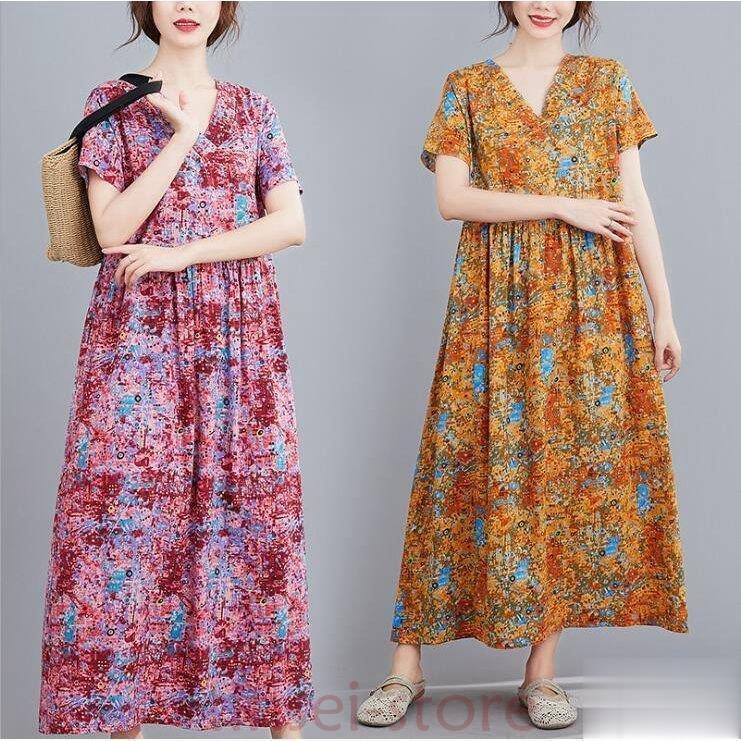 ワンピース コットンリネン マキシワンピース 綿麻混 半袖 ロング丈 ワンピース 体型カバー 大きいサイズ 夏 ワンピース 花柄 着痩せ 30代40代50代60代