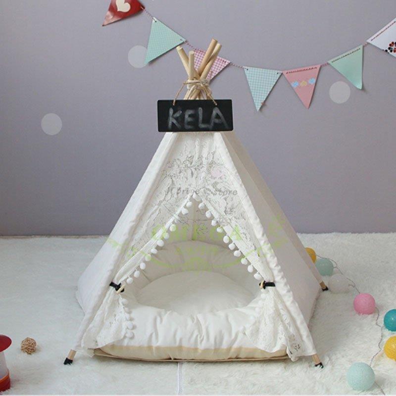 ペット用テント レース ペットハウス ペットテント ドッグベット クッション付き ティピーテント 室内..