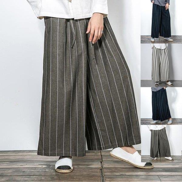 サルエルパンツ綿麻リネン通気性カーゴパンツワイドパンツ メンズ極太チノパン春夏4色ズボンボトムス ストライプ